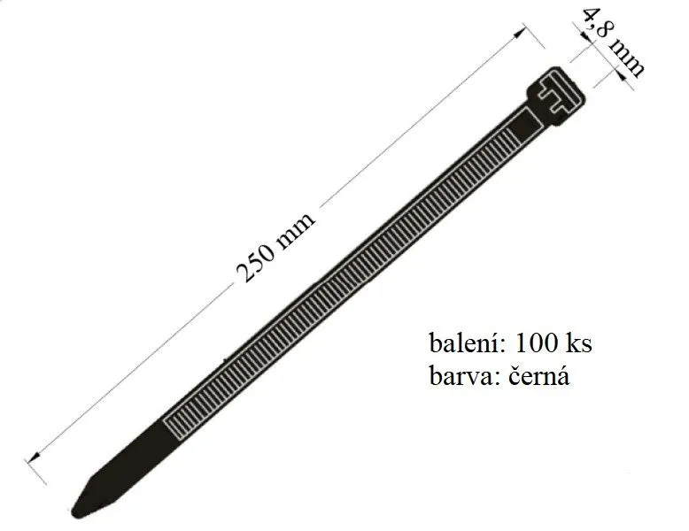 Stahovací páska černá, 100ks, 22 kg, 4,8x250 mm