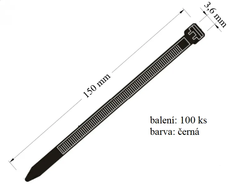 Stahovací páska černá, 100ks, 18 kg, 3,6x150 mm